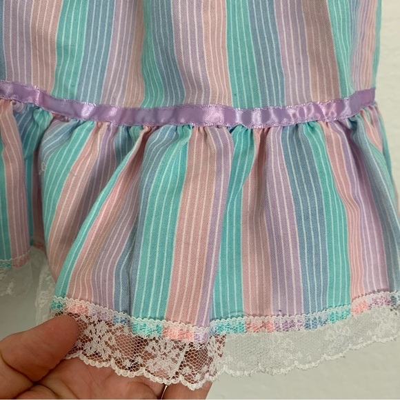 Vintage Toddler Girl Rainbow Stripe Dress 2T Lace Buttons Ribbon Kawaii Bow Cute - Picture 9 of 15